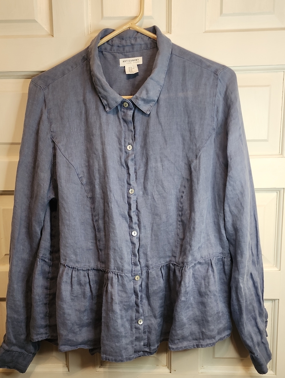 Artisan Ny 100% Linen Button-Front Shirt Ruffled— Light Blue Ling Sleeved